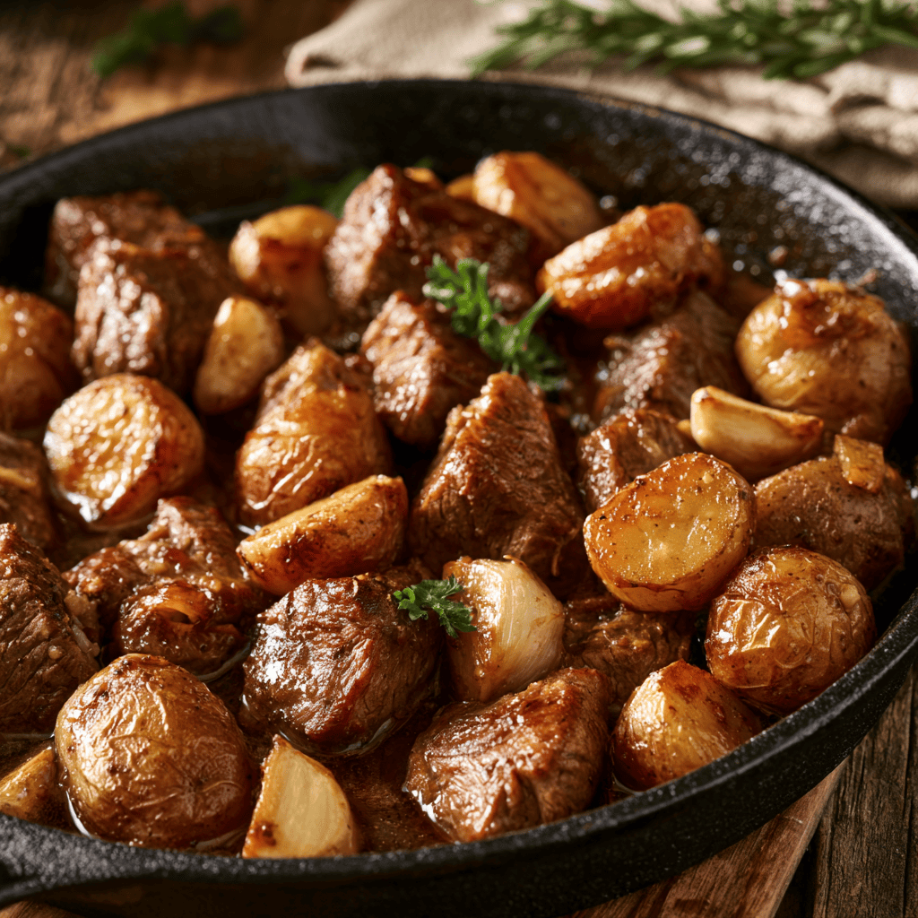 Skillet Garlic Steak and Potatoes — homemade Skillet Garlic Steak and Potatoes recipe