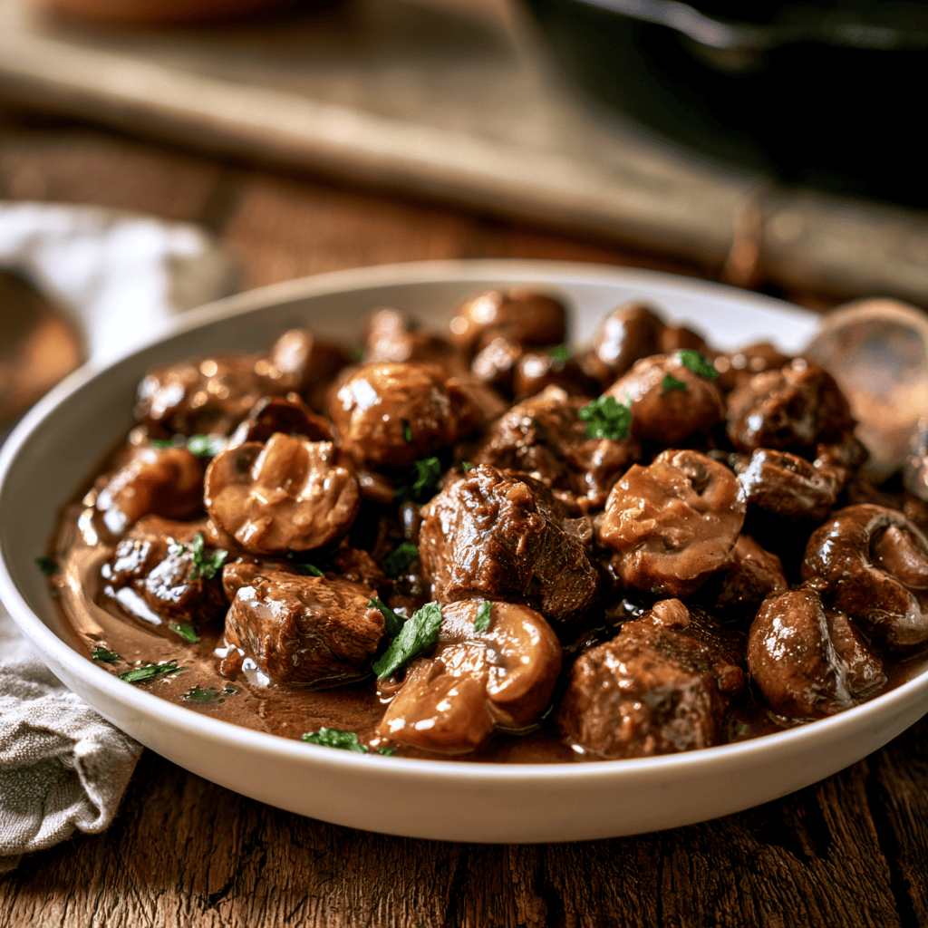 Serving suggestion for Slow Cooker Guinness Beef Stew — slow cooker beef and mushroom stew