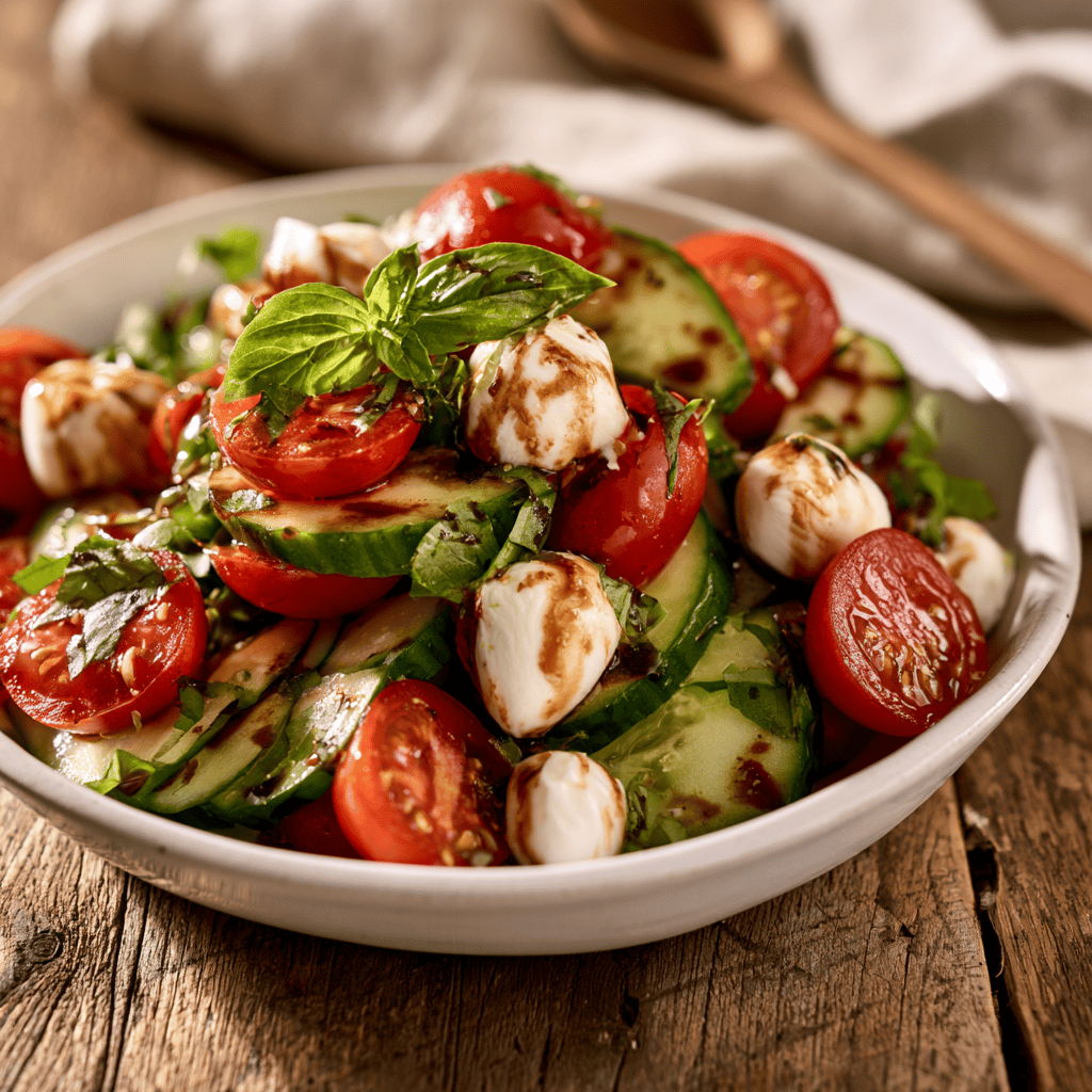 Serving suggestion for 10-Minute Cucumber Caprese Salad Recipe — cucumber caprese salad