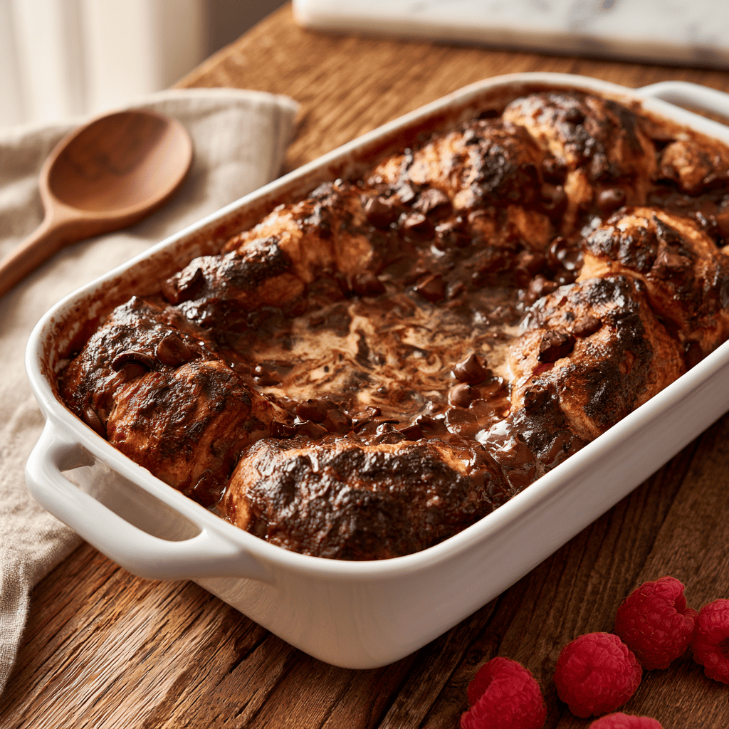 Serving suggestion for Decadent Chocolate Croissant Bake — Chocolate Croissant Bake