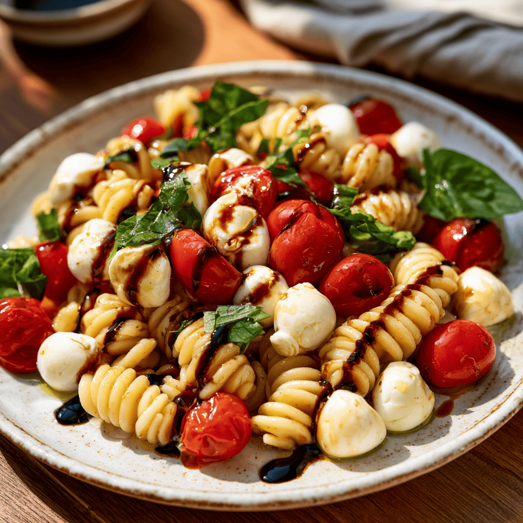 Serving suggestion for Easy Caprese Pasta Salad with Balsamic Glaze — Caprese pasta salad