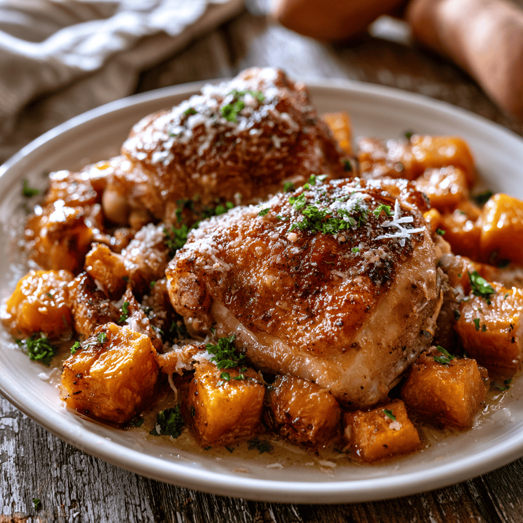 Step-by-step preparation of One-Pan Garlic Parmesan Chicken & Sweet Potatoes (Garlic Parmesan Chicken and Sweet Potatoes)