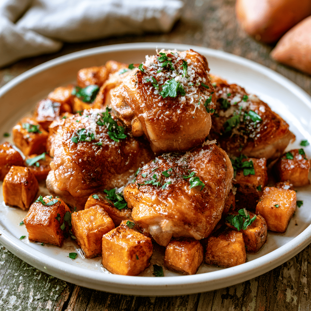 Serving suggestion for One-Pan Garlic Parmesan Chicken & Sweet Potatoes — Garlic Parmesan Chicken and Sweet Potatoes