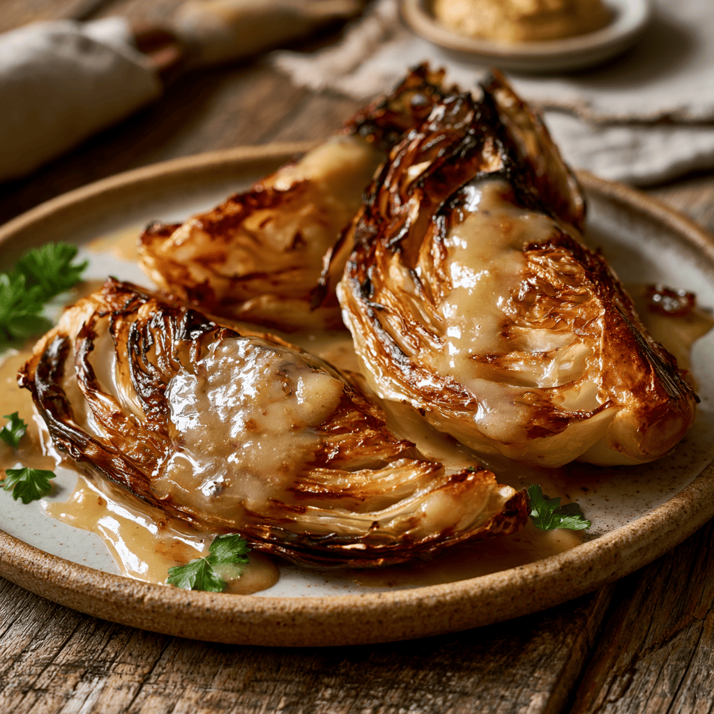 Roasted Cabbage Wedges with Onion Dijon Sauce Serving suggestion for Roasted Cabbage Wedges with Onion Dijon Sauce โ Roasted Cabbage Wedges