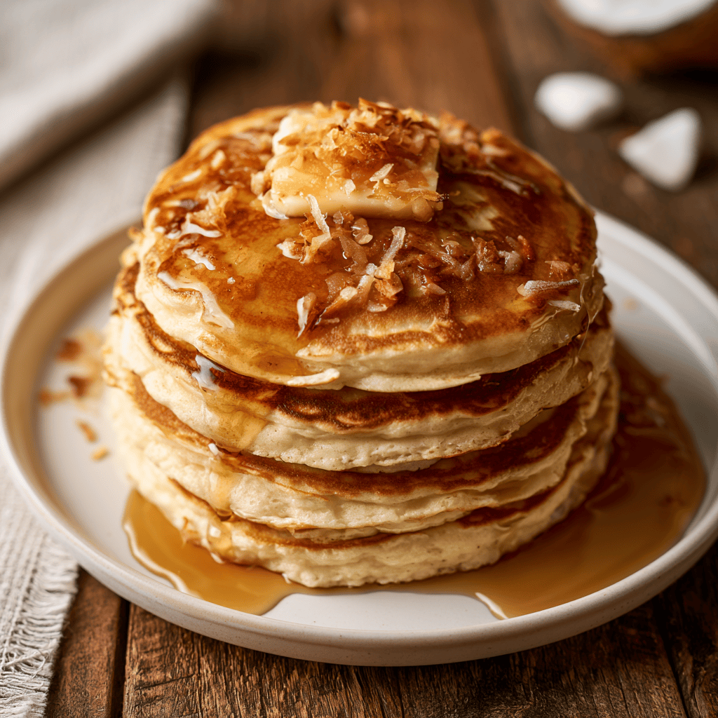 Serving suggestion for Sweet Coconut Cream Pancakes — coconut cream pancakes