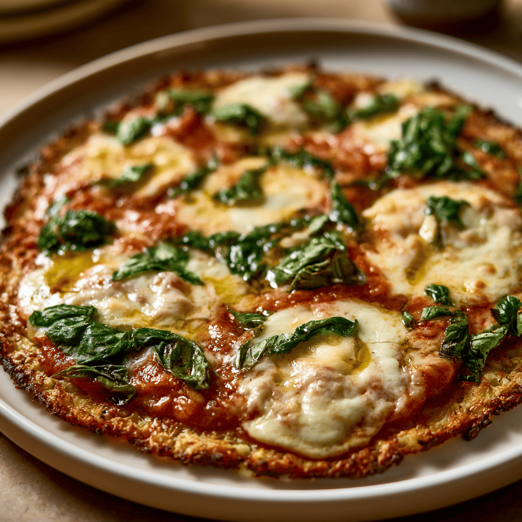 Cauliflower Crust Margherita Pizza Serving suggestion for Cauliflower Crust Margherita Pizza โ Cauliflower Crust Margherita Pizza