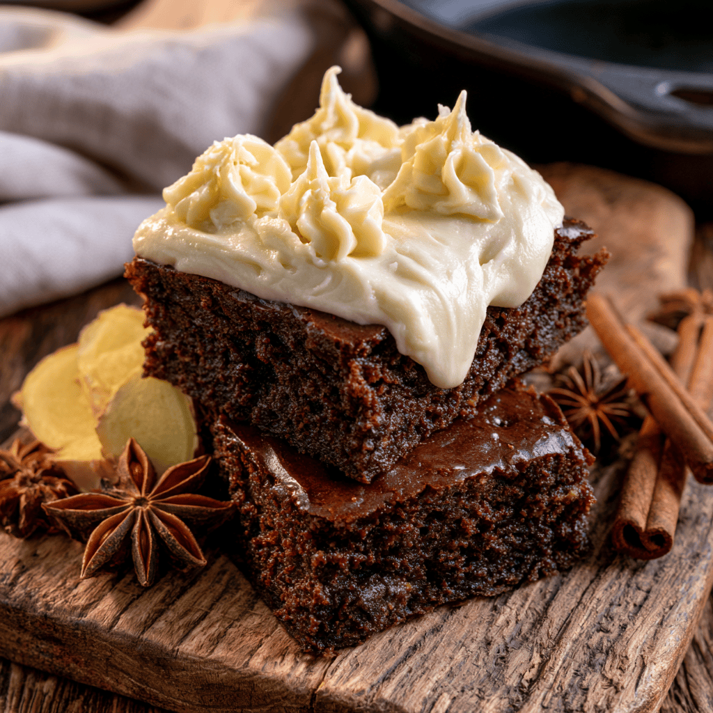 Serving suggestion for Chewy Gingerbread Brownies with Vanilla Frosting — gingerbread brownies