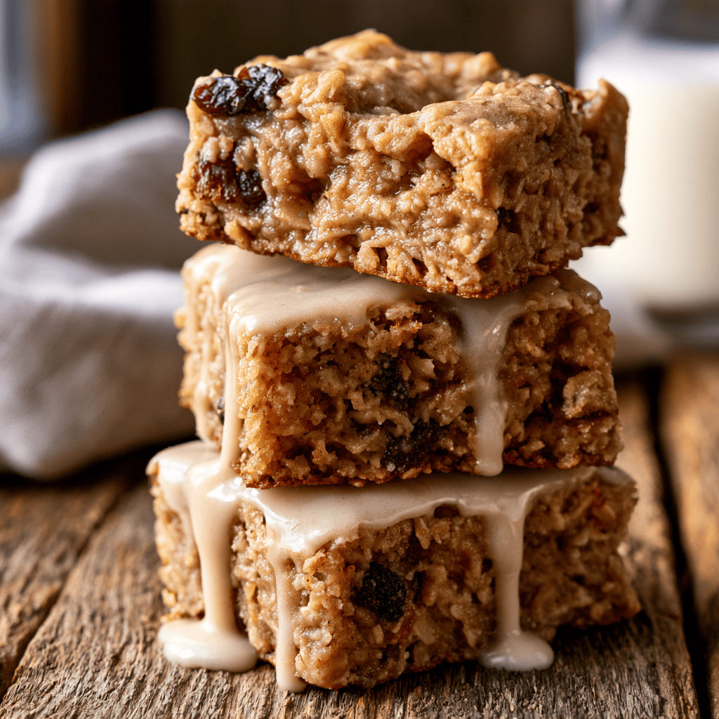 Chewy Iced Oatmeal Cookie Bars with Vanilla Glaze — homemade oatmeal cookie bars recipe