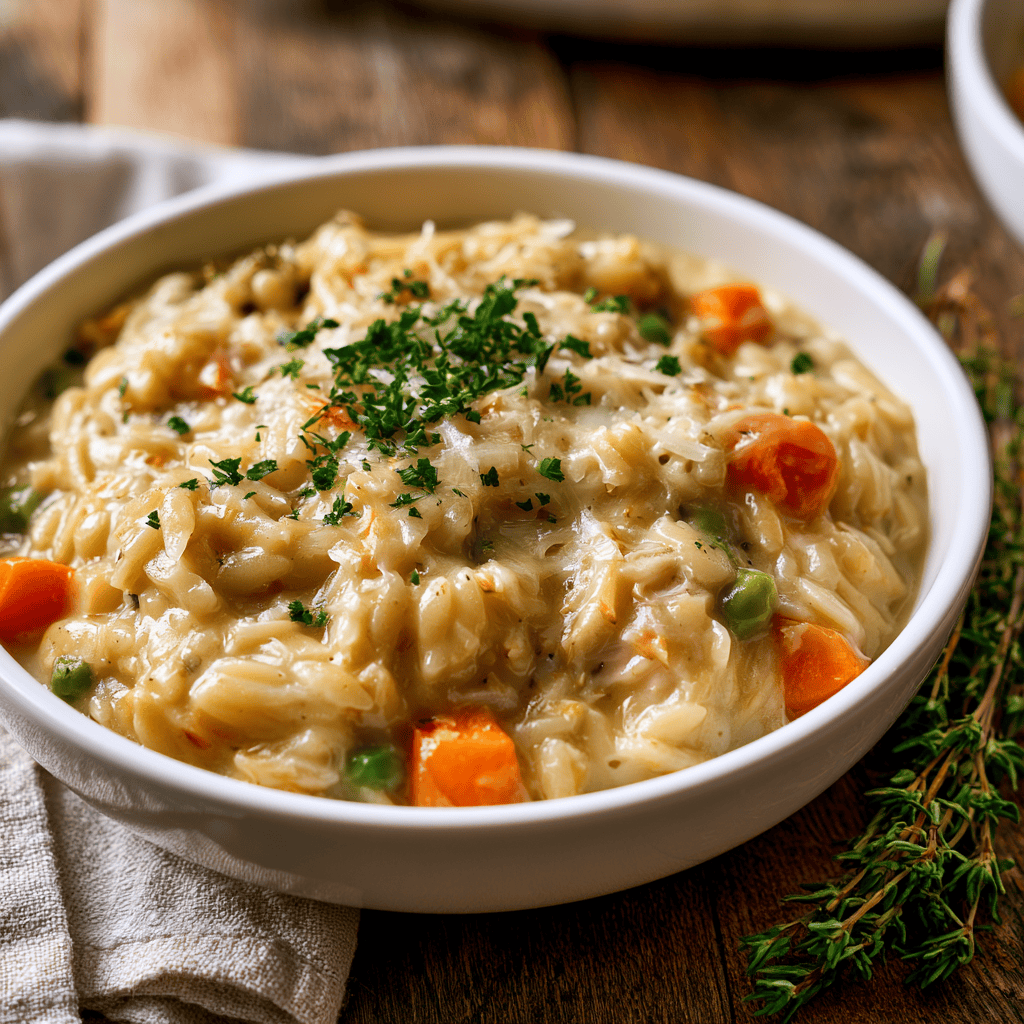 Step-by-step preparation of Creamy One-Pot Chicken Pot Pie Orzo (Chicken Pot Pie Orzo)