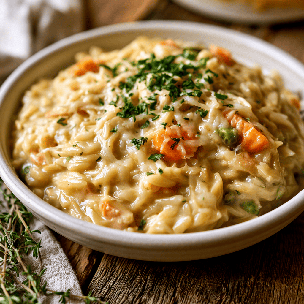 Serving suggestion for Creamy One-Pot Chicken Pot Pie Orzo — Chicken Pot Pie Orzo