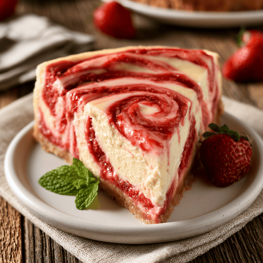 Creamy Strawberry Swirl Cheesecake Serving suggestion for Creamy Strawberry Swirl Cheesecake โ Strawberry Swirl Cheesecake