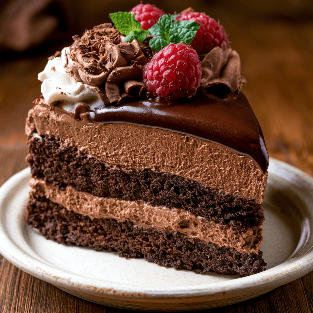Decadent Triple Chocolate Mousse Cake Serving suggestion for Decadent Triple Chocolate Mousse Cake โ Triple Chocolate Mousse Cake