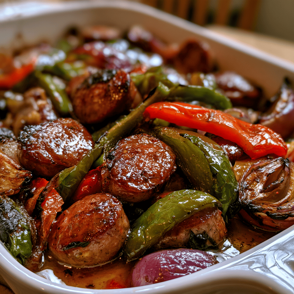 Serving suggestion for Easy Sheet Pan Sausage and Peppers — sheet pan sausage and peppers