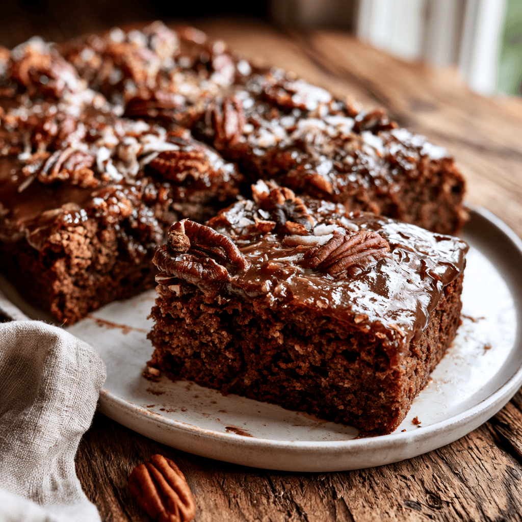 Serving suggestion for Gooey Texas Tornado Cake with Pecans & Coconut — Texas Tornado Cake