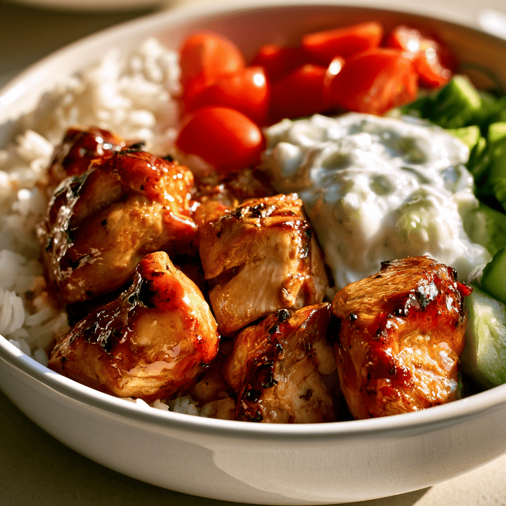 Serving suggestion for Greek Chicken Souvlaki Bowls — Greek Chicken Souvlaki Bowls