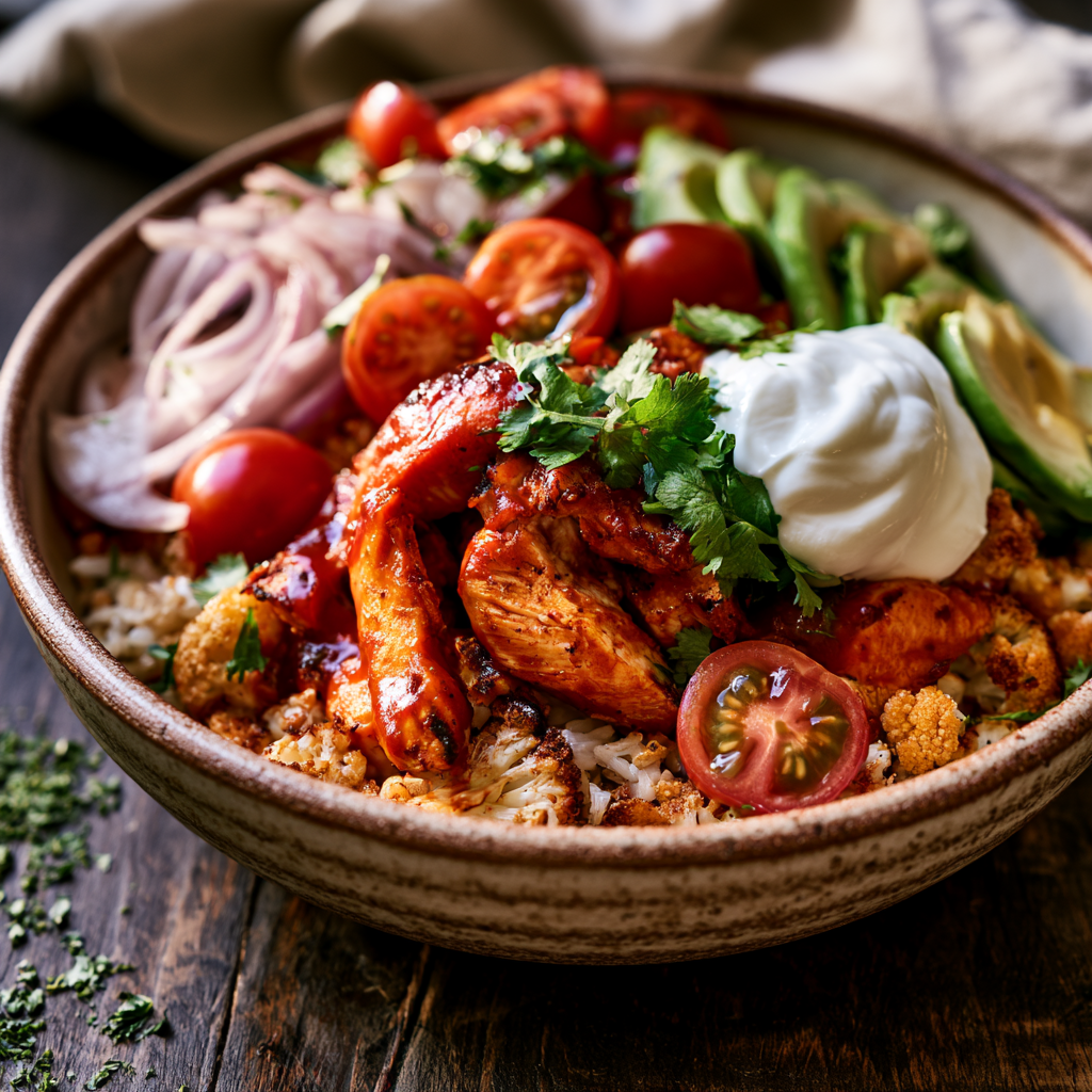 Healthy Low-Carb BBQ Chicken Bowls Serving suggestion for Healthy Low-Carb BBQ Chicken Bowls โ low-carb BBQ chicken bowls