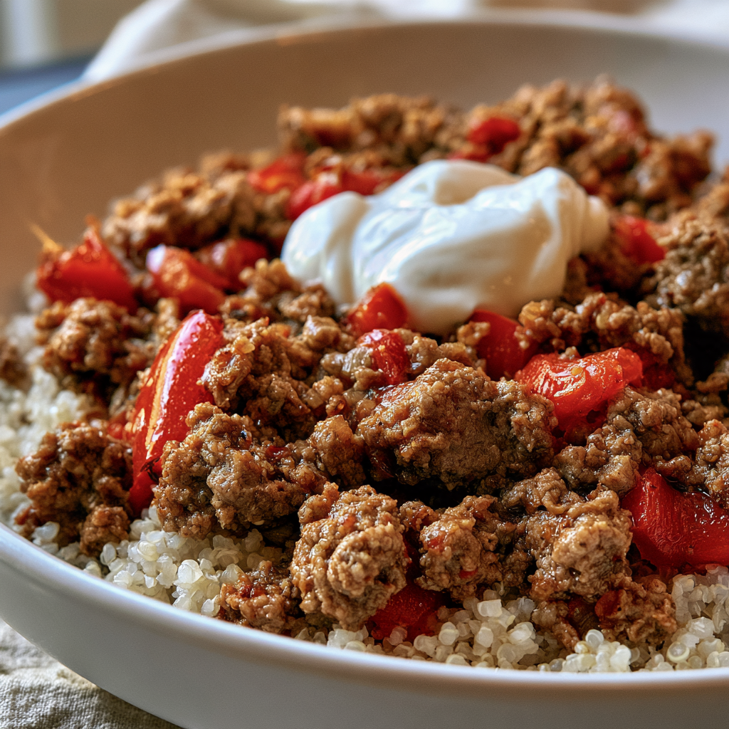 High-Protein Beef and Quinoa Bowl Serving suggestion for High-Protein Beef and Quinoa Bowl โ high-protein beef and quinoa bowl