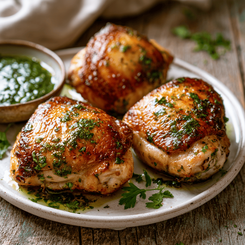 Serving suggestion for Juicy Pan-Seared Chimichurri Chicken Thighs — chimichurri chicken thighs
