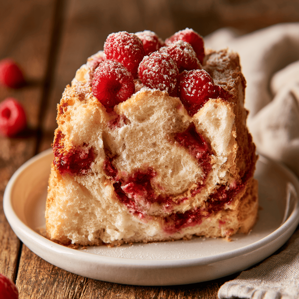 Light & Fruity Raspberry Angel Food Cake — homemade raspberry angel food cake recipe