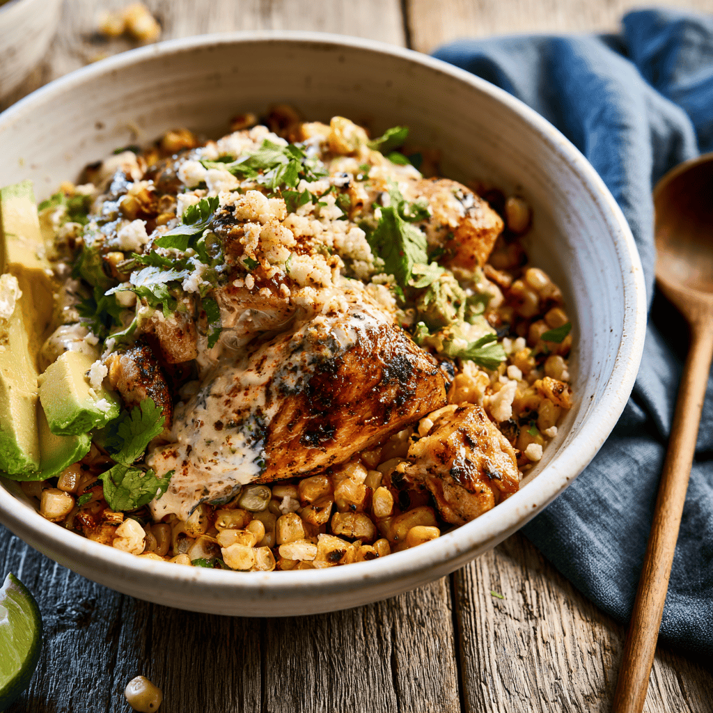 Serving suggestion for Quick & Easy Mexican Street Corn Chicken Bowls — Mexican street corn chicken bowls