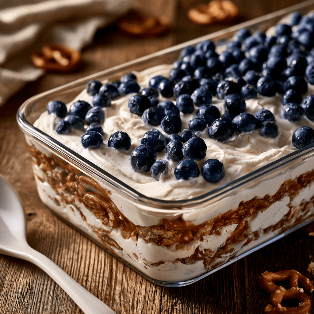Step-by-step preparation of Sweet & Salty Blueberry Pretzel Salad Dessert (blueberry pretzel salad)