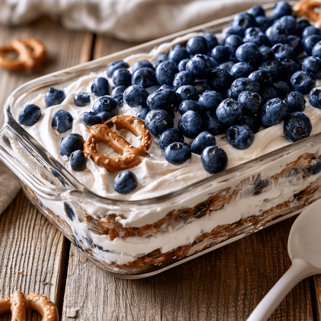 Serving suggestion for Sweet & Salty Blueberry Pretzel Salad Dessert — blueberry pretzel salad