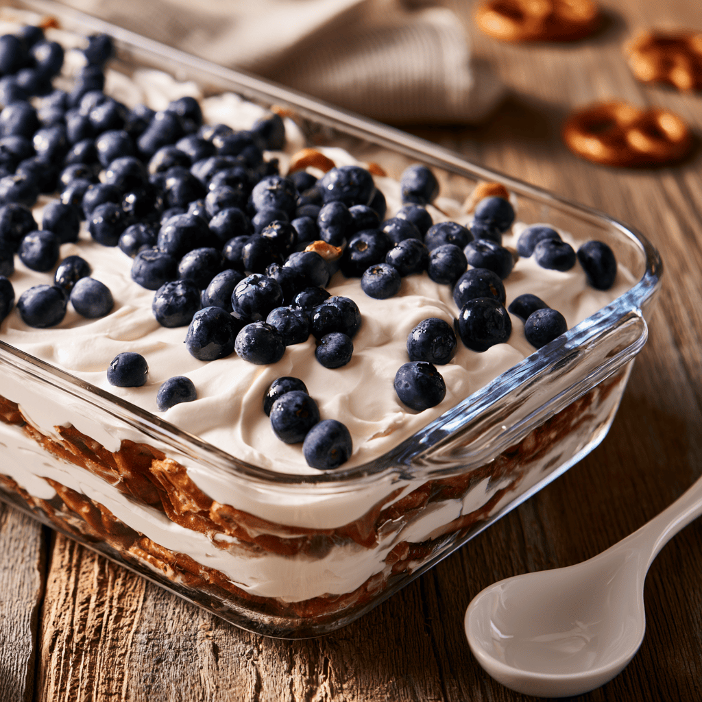 Sweet & Salty Blueberry Pretzel Salad Dessert — homemade blueberry pretzel salad recipe