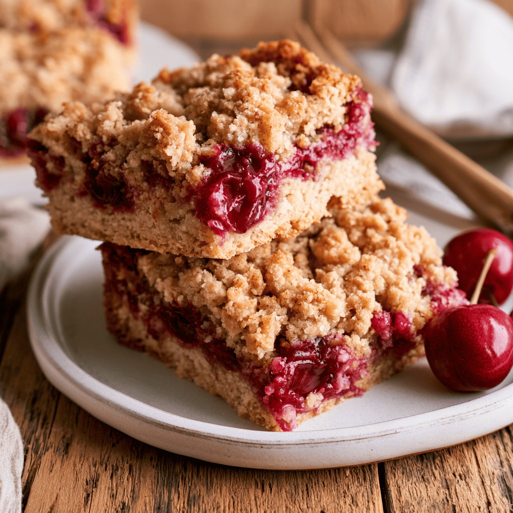 Serving suggestion for Tasty Sweet Cherry Crumble Dessert Bars — cherry crumble dessert bars