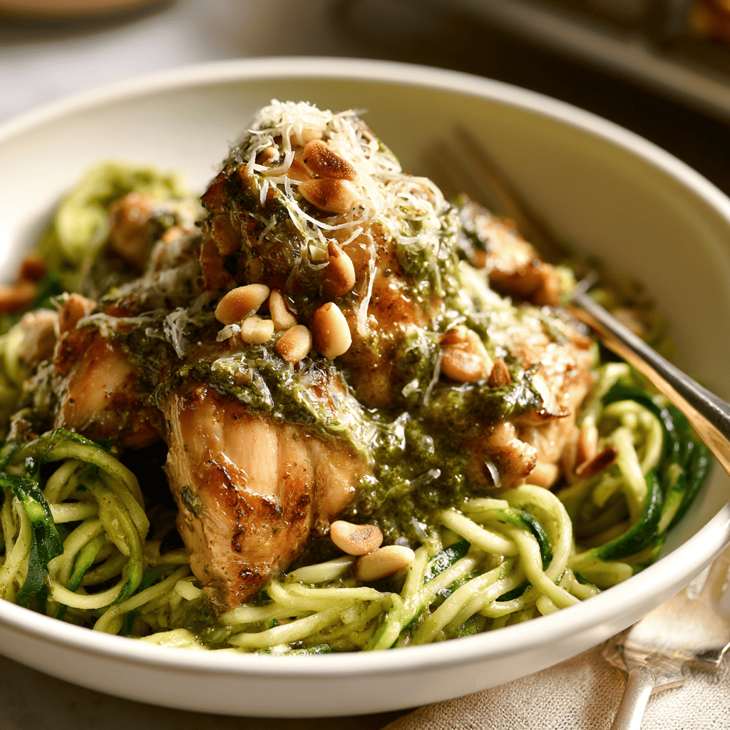 Zucchini Noodle Pesto Chicken Serving suggestion for Zucchini Noodle Pesto Chicken โ Zucchini Noodle Pesto Chicken